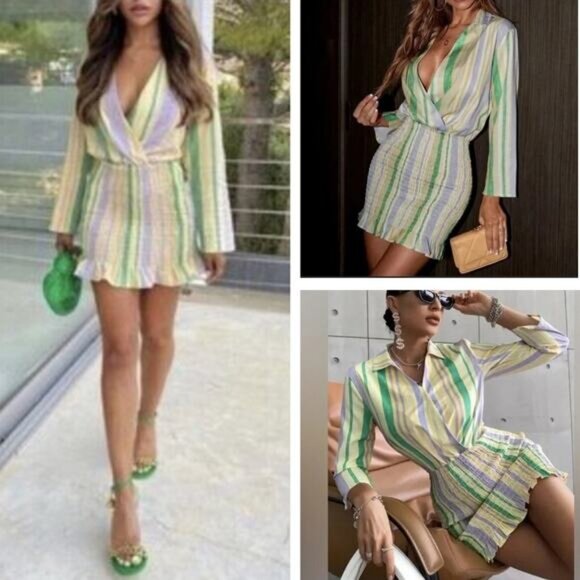 NWT ZARA The Valery Dress Pastel Striped Smocked Mini Dress Blogger Fav Size XL - Picture 1 of 10